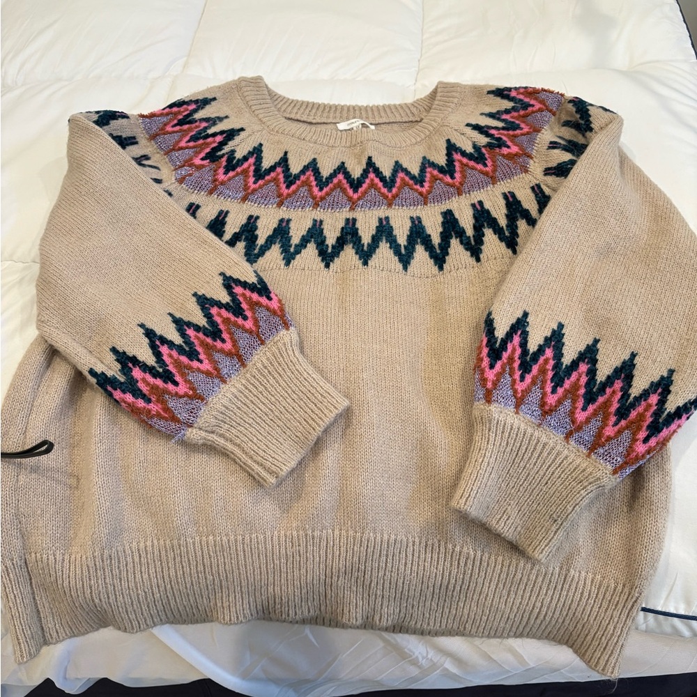 Maurices Beige Sweater with Colorful Zigzag Pattern